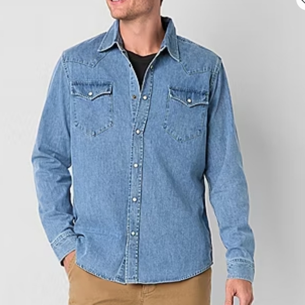 NWT Frye Men's Light Wash Denim Shirt Long Sleeve Metal Buttons Size L Casual